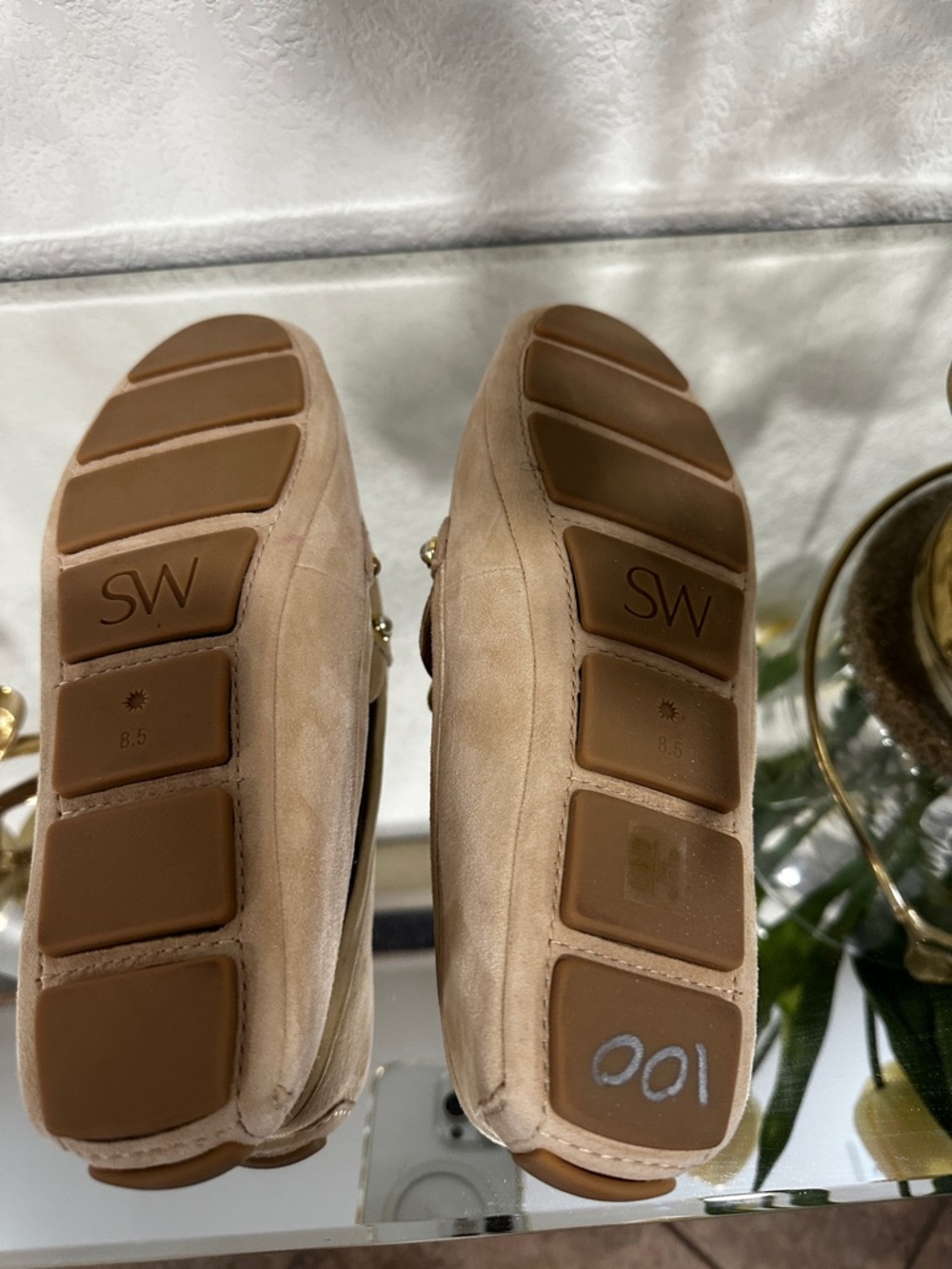 Stuart Weitzman Pearl-Trim Suede Loafers in Beige - Picture 3 of 7